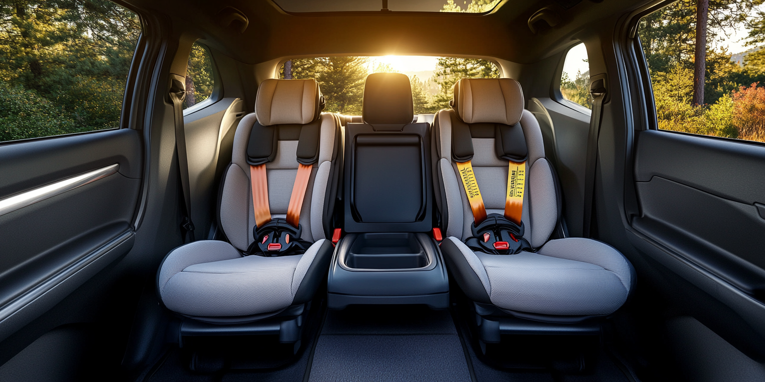 Three-across fit: RF center with seat-belt install; FF outboard with top tether; high-back booster with visible buckle access